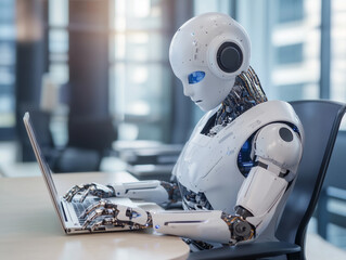 uturistic Robot Engaging with Technology in Modern Office