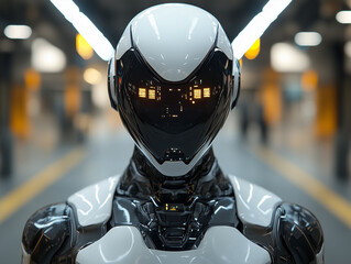 Close-Up of Futuristic Robots with Illuminated Lenses