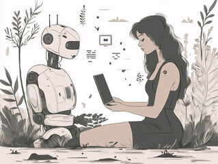 Young Woman Interacting with Robot in Tranquil Nature Setting