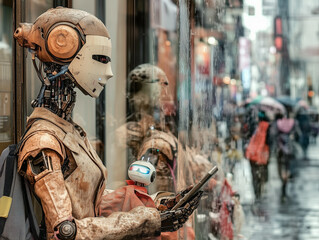 Futuristic Robot Navigating Rainy Urban Alley