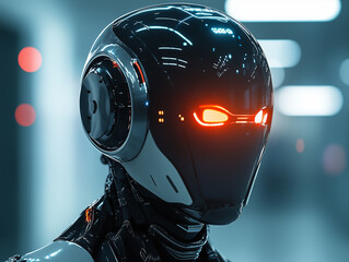 Close-Up of Futuristic Robots with Illuminated Lenses