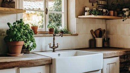 Rustic country kitchen with white cabinets, vintage handles, and a farmhouse sink set against a clean backdrop.