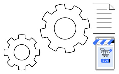 Two gears, a document, and a smartphone with a shopping cart convey automation and e-commerce. Ideal for technology, business, online shopping, automation, and marketing themes. Simple, modern, clean