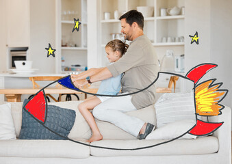 Imagine, dad and child in home with rocket, fantasy and drawing overlay for play. Father, girl and storytelling on sofa for flight, space journey and galaxy adventure in pretend spaceship for bonding