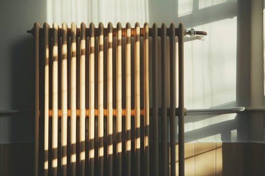 Contemporary white radiator close-up in a sunlit apartment, with soft shadows and modern design