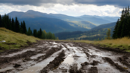 rugged, muddy trail cuts through a mountainous landscape with lush greenery and dense forests, framed by dramatic skies and rolling hills in the distance.