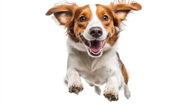 kooikerhondje dog joyfully jumping against a pure white background. its energetic pose and happy expression bring out the playful charm of this beloved breed