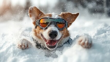 A playful dog wearing goggles enjoys a fun moment in the snowy landscape, radiating happiness and excitement amid the crisp, winter atmosphere.