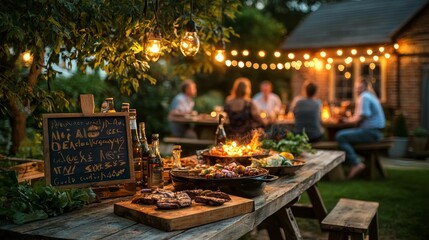 An outdoor summer gathering with friends, showcasing a wooden table filled with delicious food and cozy string lights.