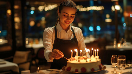 Waitress with a cheerful smile serves cake lighting candles birthday celebration in a warmly lit restaurant, evening ambiance with festive joy and hospitality for a memorable dessert at party