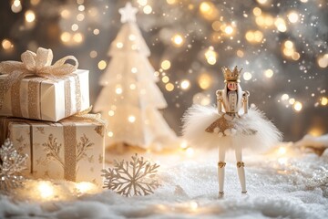 Nutcracker ballet core Christmas setting with vintage ballet costumes, twinkling lights, and snowflake decorations, minimal background with copy space