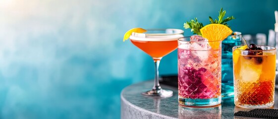 Colorful cocktails on a bar counter, featuring vibrant garnishes and refreshing aesthetics.
