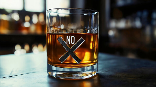 No alcohol sign icon of crossed-out glass, strong prohibition message about alcohol risks, addiction prevention, health responsibility, promoting safety and caution forbidden warning