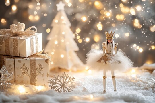 Nutcracker ballet core Christmas setting with vintage ballet costumes, twinkling lights, and snowflake decorations, minimal background with copy space