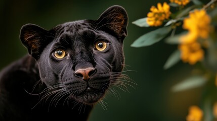 A majestic black panther with striking amber eyes is depicted in a peaceful setting, gracefully poised near bright yellow flowers, showcasing beauty and serenity.