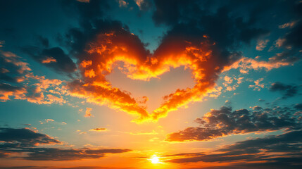 Fototapeta premium A heart-shaped cloud formation glows in the sunset sky over a serene landscape, creating a romantic atmosphere at dusk