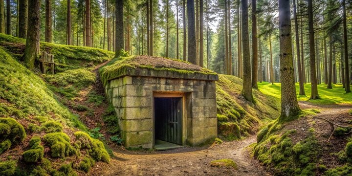 Secret underground bunker hidden in the forest with a hidden entrance leading to the dungeon