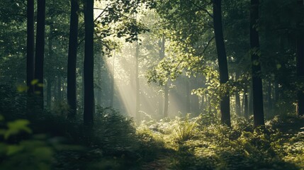 Obraz premium lush forest wilderness, featuring tall trees and a serene woodland landscape, enveloped in dappled sunlight filtering through the leaves, creating a peaceful ambiance