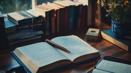 Fototapeta premium Capture the essence of dedication with notes, books