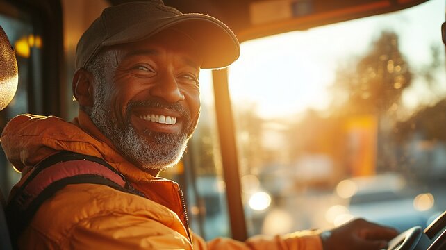A warm image of a bus driver checking mirrors with a smile, sunlight illuminating the interior, fostering a friendly atmosphere for passengers.