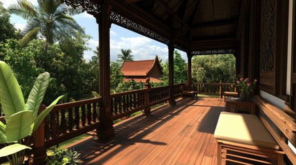 Thai-style balcony with wooden railing, low seating, and traditional decor with a serene backdrop.