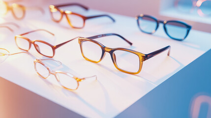 Display of various stylish eyeglasses illuminated in soft lighting at a trendy retail location during the evening
