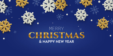 Christmas and New Year banner with 3d white and gold snowflakes on blue background. Winter holidays border vector design with text.