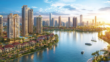Obraz premium Stunning cityscape with modern skyscrapers, waterfront, and lush greenery. vibrant skyline reflects in calm water, creating picturesque urban scene at sunset
