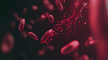 3D illustration of red blood cells and platelets flowing dynamically through the bloodstream, highlighting their role in circulation and clotting against a dark, detailed background.