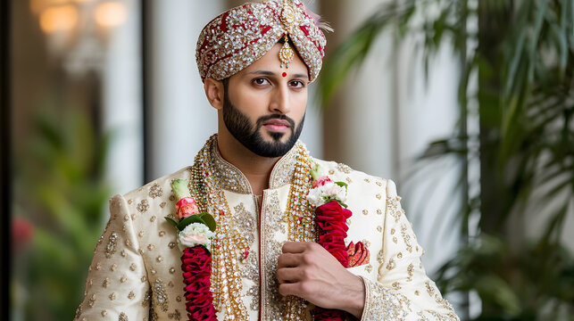 groom in traditional attire, adorned with Sehra and floral garlands, exuding elegance