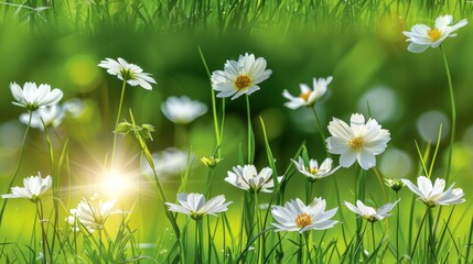 White Wildflowers Swaying in Lush Green Grass with Sunlight Sparkling Through Leaves on a Bright Spring Morning