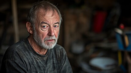 Fototapeta premium Thoughtful portrait of an older man with a gray beard in a casual shirt, set against a softly blurred rustic background.
