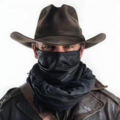 american bandit in mask, western man with hat. portrait of man wearing cowboy hat, gun, macho. west, guns. portrait of farmer or cowboy in hat. portrait of a cowboy highlighted by white, sim