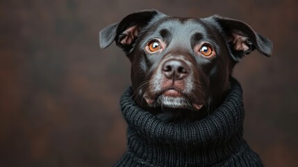 A charming black dog is depicted wearing a stylish black sweater, set against a dark background, highlighting its expressive eyes and shiny coat.