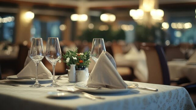 luxurious dining setting in a large, elegantly designed restaurant, tables adorned with fine dining decor, inviting ambiance, and soft lighting, perfect for a sophisticated dining experience