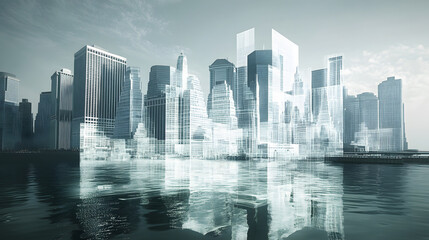 Fototapeta premium Futuristic city skyline with reflective water and overlay graphics