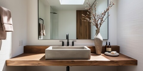 Modern minimalist bathroom, rectangular sink, wooden vanity, large mirror, textured white walls, branch decor, oval wall art, neutral tones, sleek design, contemporary aesthetic, spa-like atmosphere, 