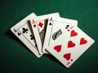 Obraz premium Close-Up of Winning Poker Hand with Four Aces and a Five of Hearts on Green Felt Table
