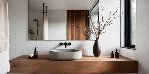 Modern minimalist bathroom, rectangular sink, wooden vanity, large mirror, textured white walls, branch decor, oval wall art, neutral tones, sleek design, contemporary aesthetic, spa-like atmosphere, 