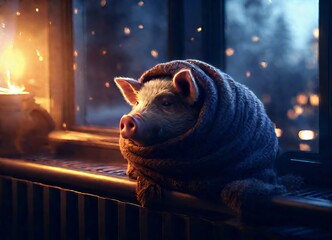 A pig wrapped in a warm scarf looks out the window at night.