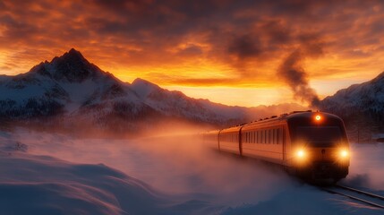 A radiant train traverses a snowy plain against rugged mountains at sunset, its warm lights glowing in the hazy atmosphere, symbolizing journey and discovery.