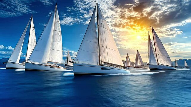 Sailing Regatta at Sunset Over Calm Waters Near the Coast With Multiple Yachts Competing in the Golden Hour