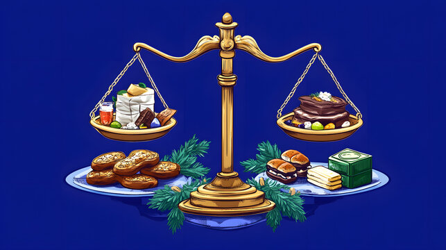 Balanced scale showcasing various desserts and snacks, symbolizing choices