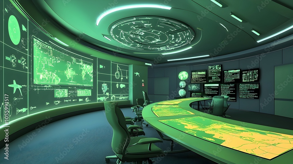 Fototapete A futuristic missile defense simulation room with holographic projections of missile flight paths and defense strategies  The room features a high tech interface with data visualizations