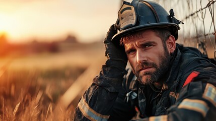 Naklejka premium A contemplative firefighter is seated in a sunlit field, fingers resting against their helmet, embodying resilience and exhaustion after a day's work, surrounded by nature.