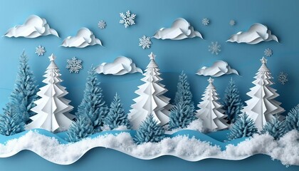 Merry Christmas holiday design, paper cut out Xmas tree toy decoration with snowflakes, snow on blue background for greeting card, creative Christmas, snow-themed art, banner, poster, 