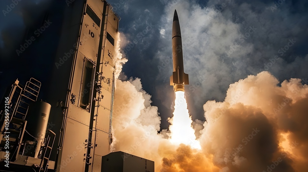 Aufkleber A hypersonic interceptor missile rapidly detaches from a launch platform generating a powerful burst of smoke and flames as it accelerates towards a simulated target missile in low Earth orbit
