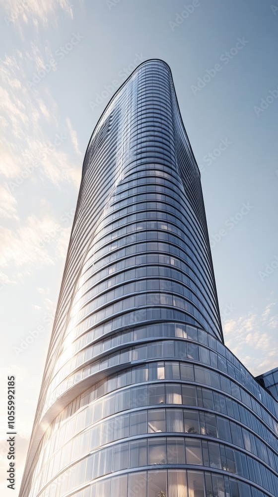 Poster a tall building with a lot of windows and a very tall tower