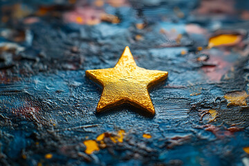 A golden star rests on a textured, colorful background, showcasing a blend of blue and various hues, creating an artistic and vibrant appearance.