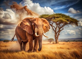 Fototapeta premium Vintage Style Elephant Kicking Up Dust in Tsavo Reserve – Wild Safari Adventure